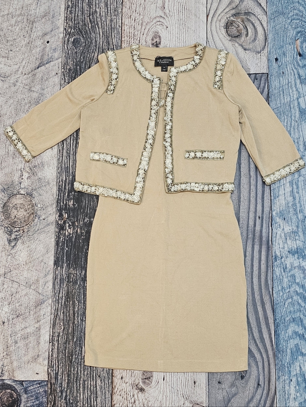 ST.JOHN Knit Beige Fawn With Beads Pearl Trim Jacket & Dress Women's Size  10